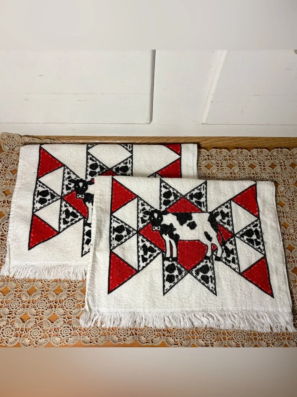 Vintage 80s/90s Cow Print Cotton Hand Kitchen Towels Set of Three